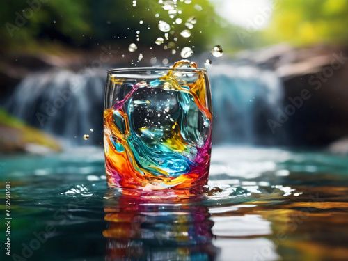 Buntes Glas mit verschiedenen Flüssigkeiten schwebt über das Wasser