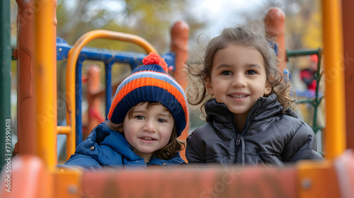 Kids having a fun time together. Group of diverse Kids playing together on a playground