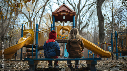 Two children sitting on a bench on a dark creepy playground in autumn. Sadness and loneliness concept. traumatic feelings photo