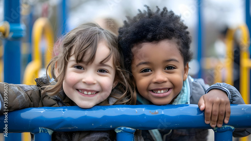 two happy mixed race children playing on the playground. Kids having fun in the park. Siblings playing together. Kid's playground in a plublic park. Entertainment and recreation photo