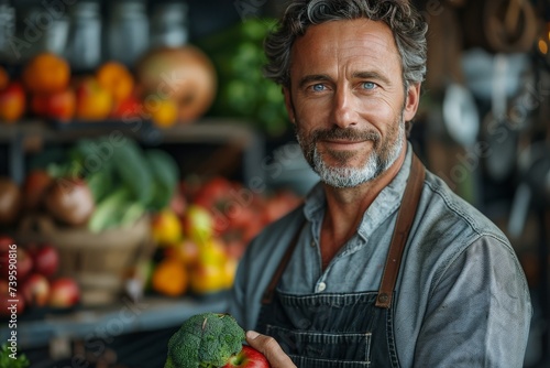 A healthy and conscious man proudly displays his locally sourced and nutrient-rich bounty of vibrant fruits and vegetables, embodying the essence of a wholesome and sustainable plant-based lifestyle photo