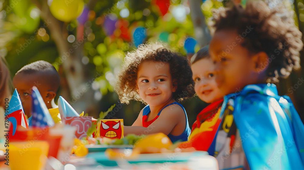 Fototapeta premium a group of mulitethnical children celebrating a outdoor superhero birthday party in the park. Kids wearing capes at a party table with food.
