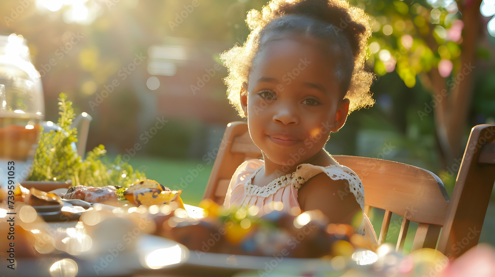 Portrait of a beautiful african american girl sitting at the table at a outdoors summer barbecue party with food and drinks. Happy black family having a picnic at the park toghether with friends. Portrait of a beautiful african american girl sitting at the table at a outdoors summer barbecue party with food and drinks. Happy black family having a picnic at the park toghether with friends.