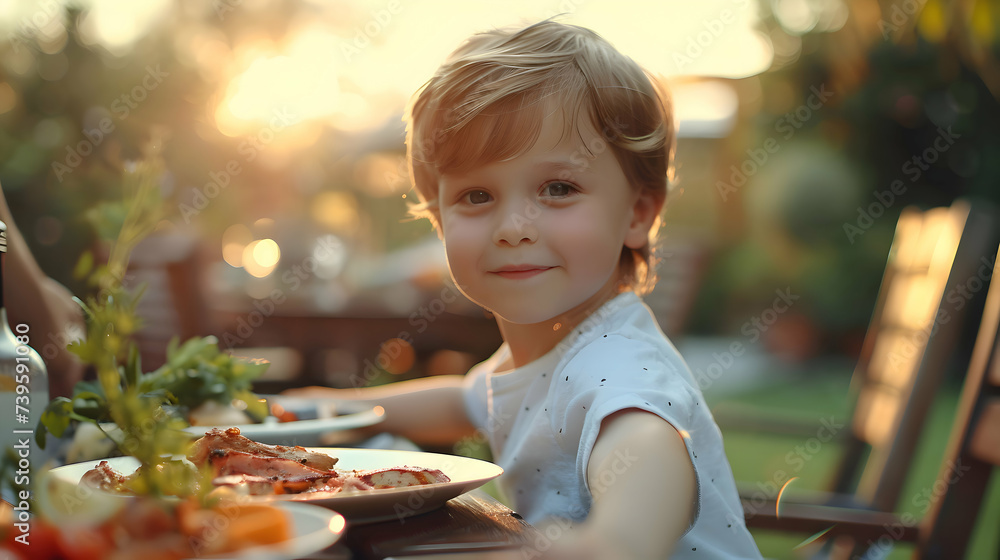 Portrait of a cute boy sitting at the table at a outdoors summer barbecue party with food and drinks. happy child having dinner at a garden birthday party at sunset Portrait of a cute boy sitting at the table at a outdoors summer barbecue party with food and drinks. happy child having dinner at a garden birthday party at sunset