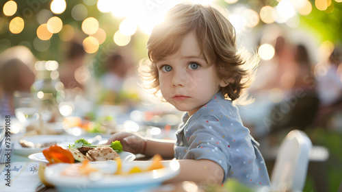 Portrait of a cute boy sitting at the table at a outdoors summer barbecue party with food and drinks. happy child having lunch at a garden birthday party