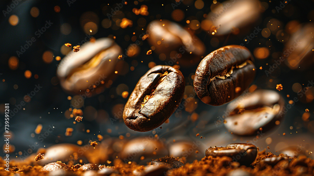 Coffee beans in flight on a dark background Coffee beans in flight on a dark background