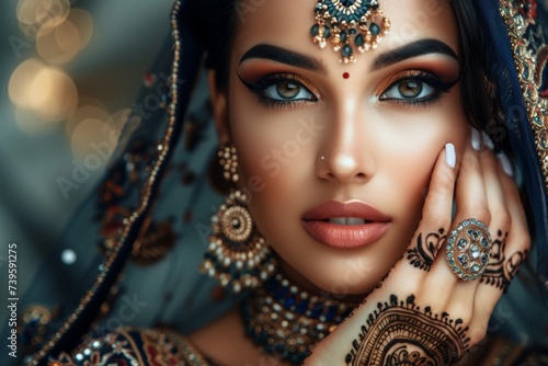 Stunning Indian woman with Eastern adornments henna tattoos and impeccable makeup