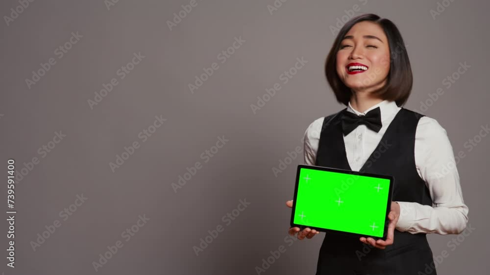 Asian receptionist holding tablet with greenscreen on camera, presenting mockup template on modern gadget. Hotel concierge looking at copyspace layout display, grey studio. Camera B. Asian receptionist holding tablet with greenscreen on camera, presenting mockup template on modern gadget. Hotel concierge looking at copyspace layout display, grey studio. Camera B.