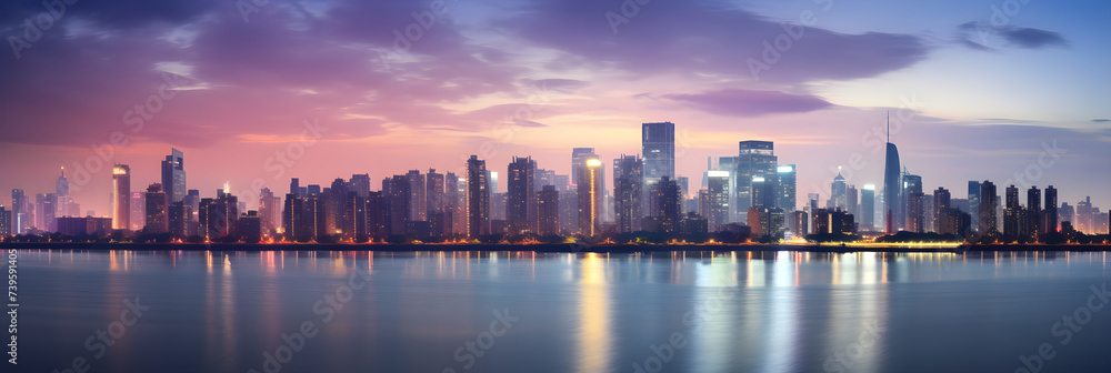 Evening Twilight: An Illuminated FZ Metropolitan Skyline with Spectacular Water Reflections