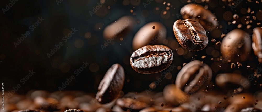 Coffee beans in flight on a dark background Coffee beans in flight on a dark background