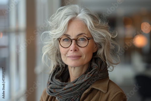 A stylish lady with a warm smile and a fashionable scarf gracefully frames her face with chic eyewear, embodying confidence and sophistication in the winter season photo