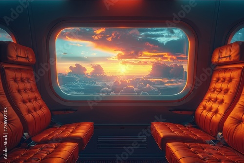 Transported above the horizon, a plane window reveals a vibrant sunset sky, inviting wonder and serenity in the endless expanse of clouds photo
