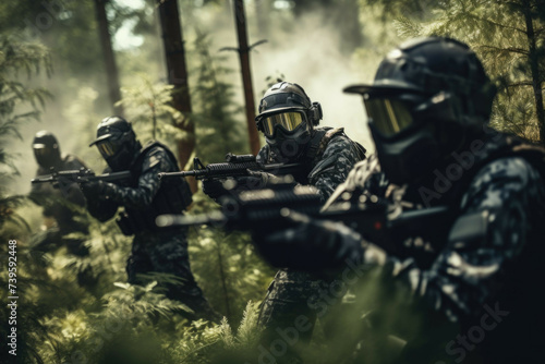 Friends having a paintball battle in a forest