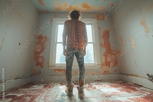 As the abandoned room's plaster walls crumble, a lone person stands, their clothing and footwear hinting at a forgotten past, gazing out the window at a decaying world as a painting on the floor begs © familymedia