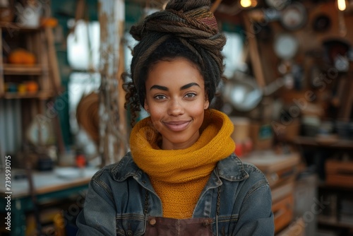 A stylish woman with a beaming smile and a bohemian vibe, wearing a denim jacket and dreadlocks, poses in front of a street store adorned with scarves and hats photo
