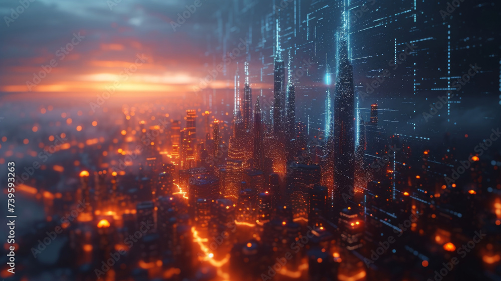 A 3D data visualization of eCommerce growth is depicted in the form of a futuristic city skyline with the tallest buildings representing the countries with the highest online