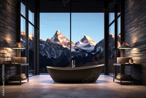 Modern contemporary loft-style bathroom with mountain-style nature view