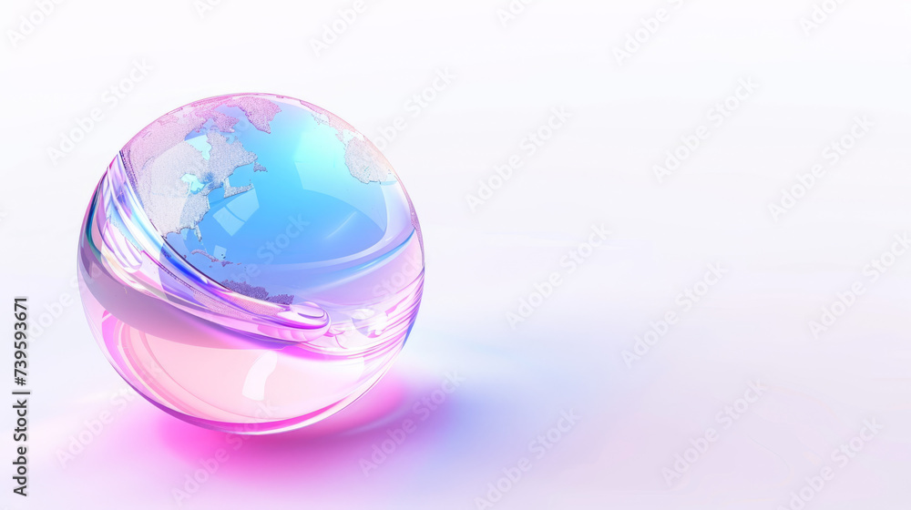 A 3d globe icon, 3d icon, crystal glass material, mass effect, translucent material, light violet and light blue style, in surreal 3d landscape style, in futuristic colorful waves A 3d globe icon, 3d icon, crystal glass material, mass effect, translucent material, light violet and light blue style, in surreal 3d landscape style, in futuristic colorful waves