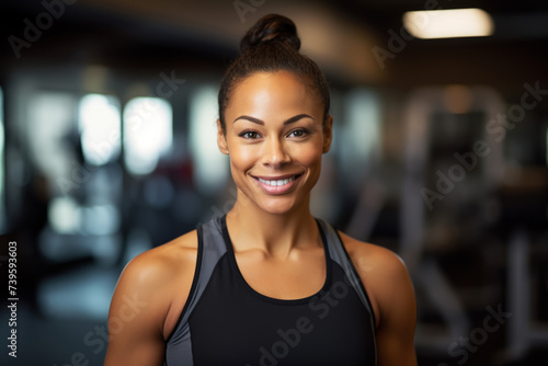 Portrait of a female fitness trainer in a gym, standing by exercise equipment and smiling at the camera