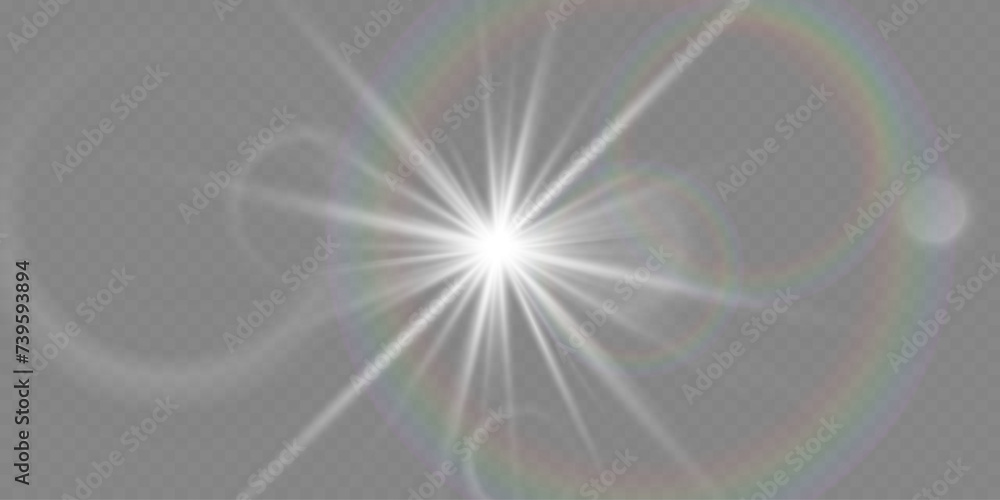 White glowing light, explosion and starburst.Effect with rays and flares. On a transparent background.