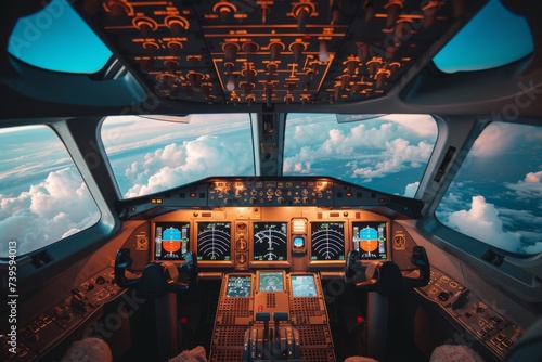Jet cockpit with flight deck display throttle control panel cabin window view of blue sky and clouds photo