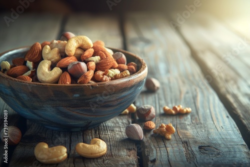 Selective focus of a bowl with assorted nuts on an aged wooden table
