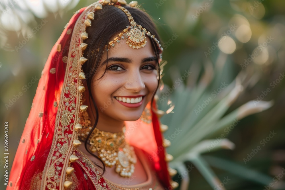 Smiling Indian bride in red bridal attire with gold jewelry representing gold loan concept Smiling Indian bride in red bridal attire with gold jewelry representing gold loan concept
