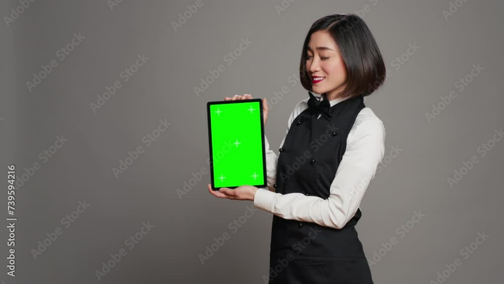 Woman waitress holding tablet with greenscreen display on camera, presenting blank mockup template in studio. Asian restaurant employee showing device running chromakey screen. Camera A. Woman waitress holding tablet with greenscreen display on camera, presenting blank mockup template in studio. Asian restaurant employee showing device running chromakey screen. Camera A.