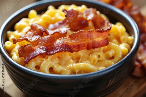 Mac and cheese with bacon slices photo