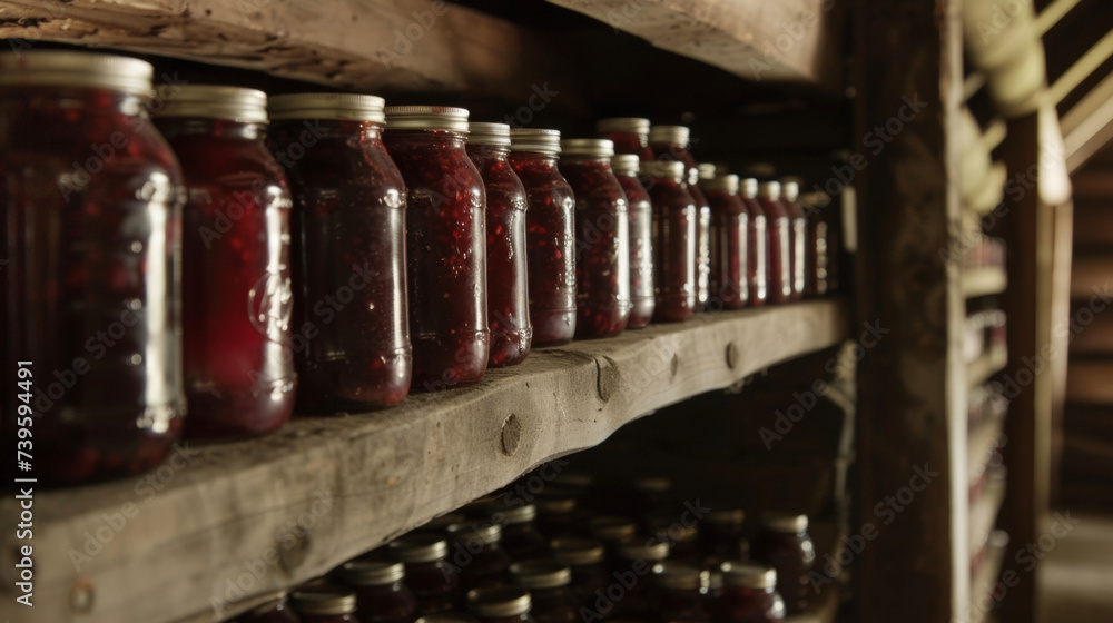 Inside a rustic barn rows of mason jars were lined up on wooden shelves. The jars were filled with homemade preserves and jams made from the fresh berries picked that morning Inside a rustic barn rows of mason jars were lined up on wooden shelves. The jars were filled with homemade preserves and jams made from the fresh berries picked that morning