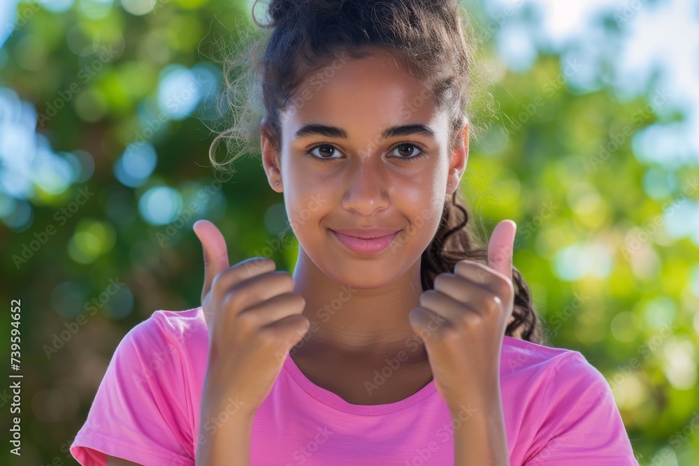 Portrait of a young woman with pink shirt and thumbs up signs isolated outdoors Positive emotions and body language Portrait of a young woman with pink shirt and thumbs up signs isolated outdoors Positive emotions and body language