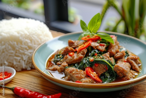 Spicy Thai stir fry with pork rice and fish sauce on wooden table photo
