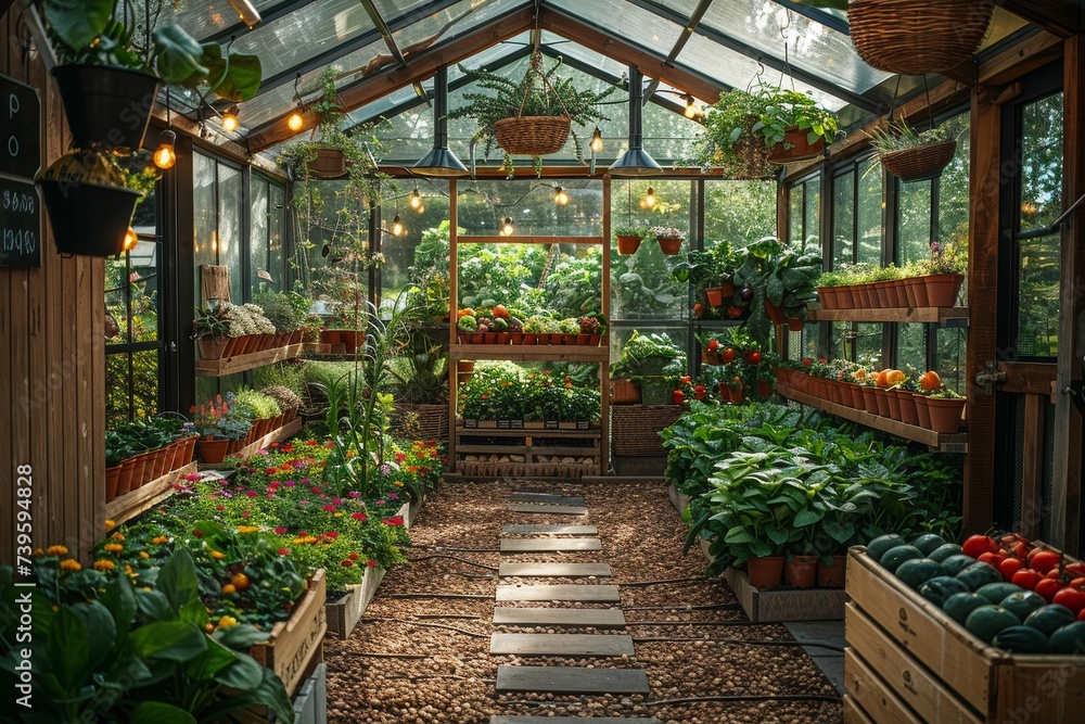 A tranquil oasis in the midst of the city, the glass-roofed greenhouse boasts a vibrant collection of houseplants and potted flowers, inviting visitors to bask in the beauty of nature within the wall