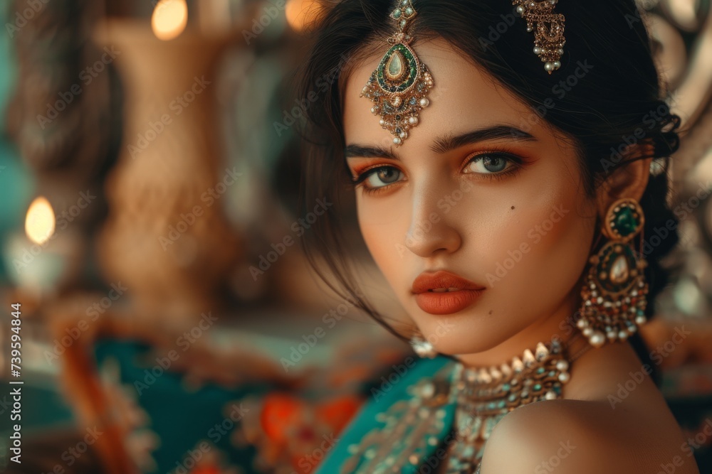 Fototapeta premium Stunning Indian woman adorned in lavish attire makeup and jewelry striking a pose against a vintage backdrop showcasing a trendy lifestyle and fash