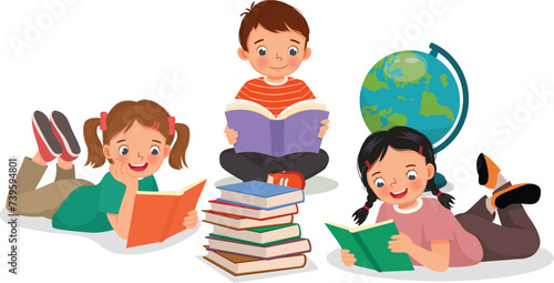 Cute little kids students boy and girl reading books together
