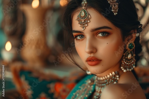 Stunning Indian woman adorned in lavish attire makeup and jewelry striking a pose against a vintage backdrop showcasing a trendy lifestyle and fash photo