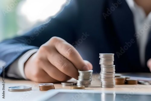 a man is pointing to money at the table, in the style of soft edges and blurred details, innovating techniques, ferrania p30, silver and blue, back button focus, ethical concerns, piles stacks