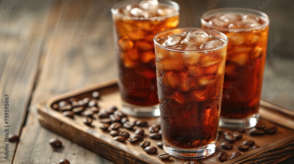 Ice coffee with cream in a tall glass and coffee beans, portafilter, tamper and milk jug Ice coffee with cream in a tall glass and coffee beans, portafilter, tamper and milk jug