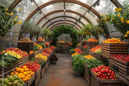 A vibrant and diverse array of natural produce stands tall inside a greenhouse, embodying the beauty and health benefits of whole foods, locally sourced from a greengrocer, showcasing the perfect bal photo