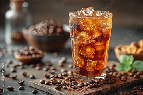 Ice coffee with cream in a tall glass and coffee beans, portafilter, tamper and milk jug photo