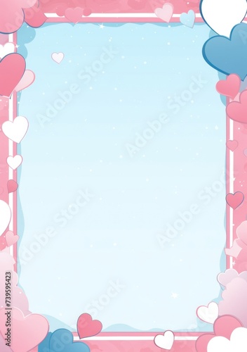 A charming frame design adorned with cute hearts and fluffy clouds against a pastel blue background  ideal for messages of love and joy.