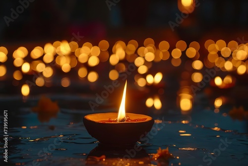 Diwali celebration scene with traditional earthen diya lamps lit against a dark background Symbolizing the festival of lights and spiritual victory.