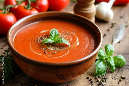 Tomato soup in brown bowl resting on a wooden table photo