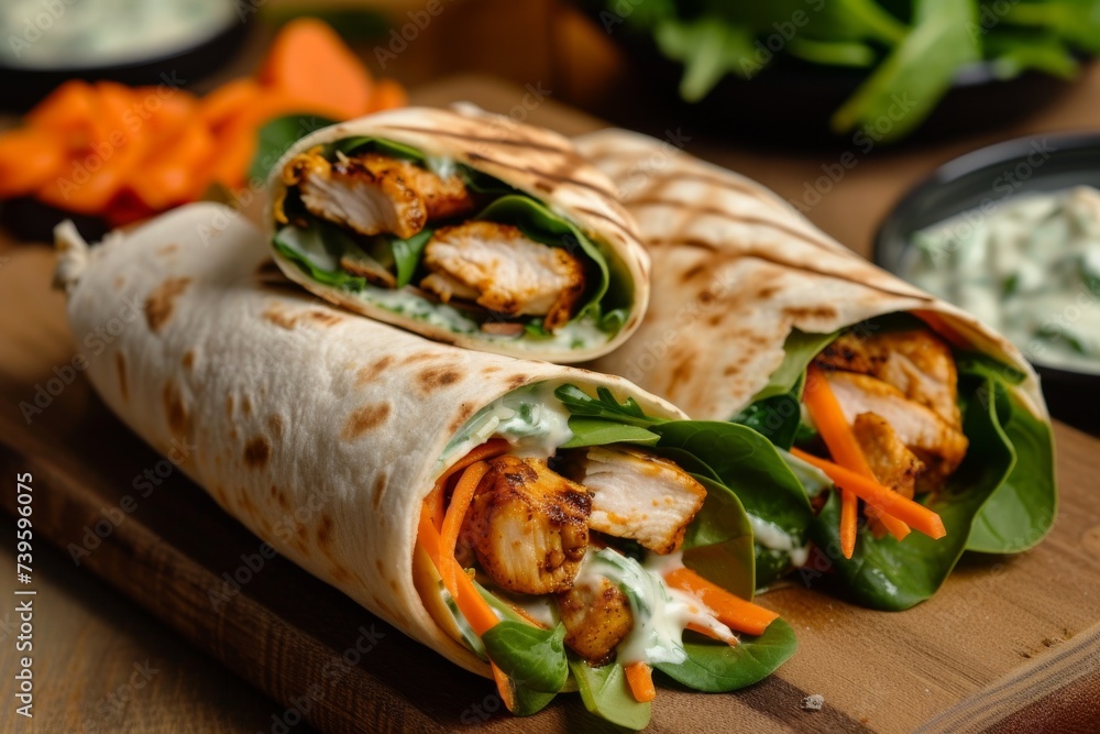 Grilled tandoori chicken wrap with veggies and tzatziki dip Grilled tandoori chicken wrap with veggies and tzatziki dip