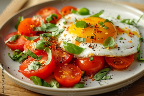 Healthy style plate with stir fried egg and tomatoes