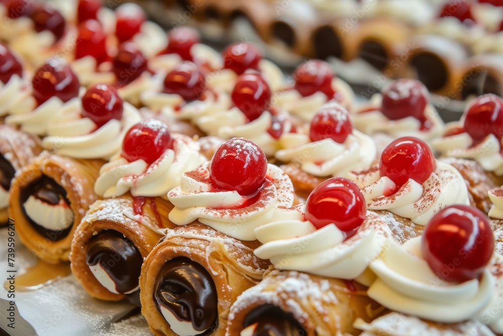 Sicilian cannoli the typical dessert of Sicily in Italy are red cherry pastries from the Mediterranean Sicilian cannoli the typical dessert of Sicily in Italy are red cherry pastries from the Mediterranean