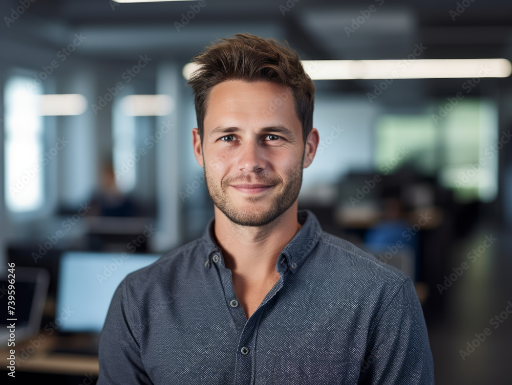 Software Developement Concept: A male software developer in his modern tech office, smiling confidently