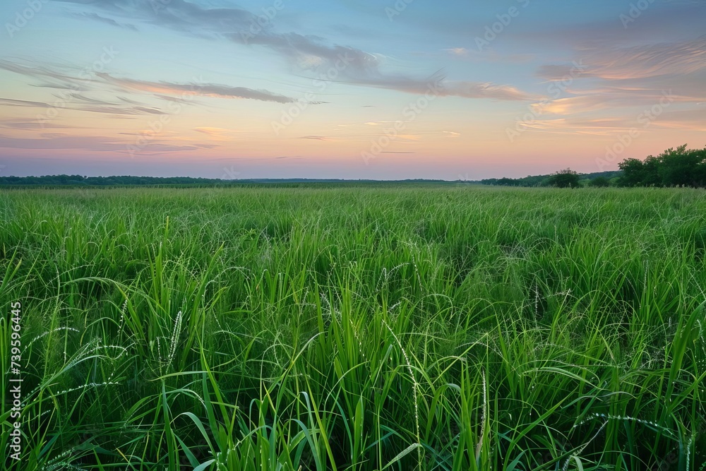 Panoramic view of a lush meadow at dawn With dew on tall grass and a tranquil sky Offering a serene and picturesque landscape