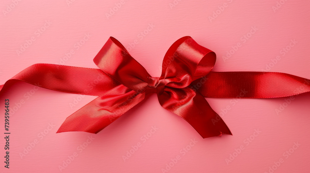 A vibrant red gift ribbon with a line against a pink background A vibrant red gift ribbon with a line against a pink background