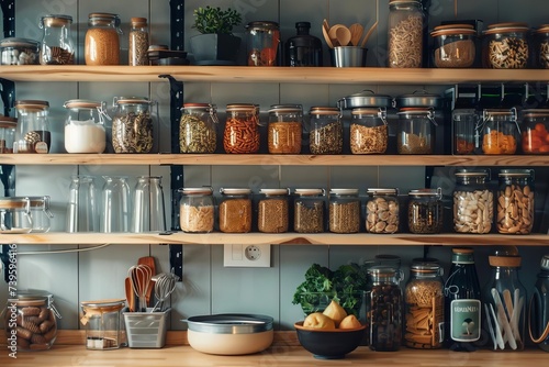Organized home storage solutions featuring neatly arranged pantry shelves for efficient food and utensil storage Reflecting modern home organization trends